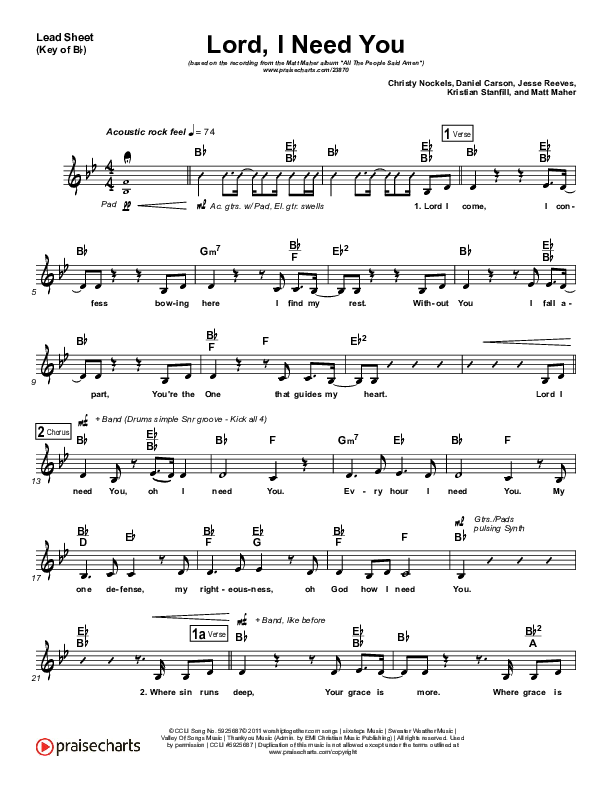 Lord I Need You Lead Sheet (Melody) (Matt Maher)