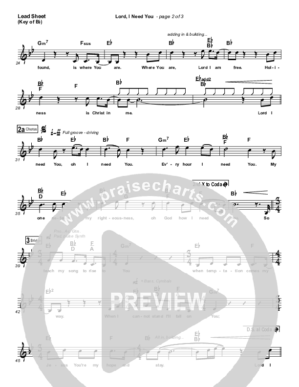 Lord I Need You Lead Sheet (Melody) (Matt Maher)