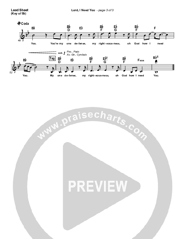 Lord I Need You Lead Sheet (Melody) (Matt Maher)