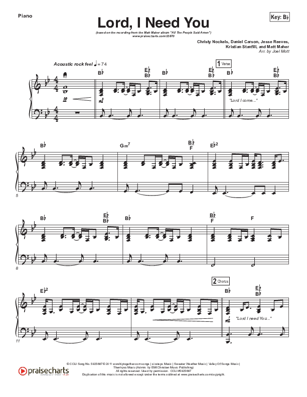 Lord I Need You Piano Sheet (Matt Maher)