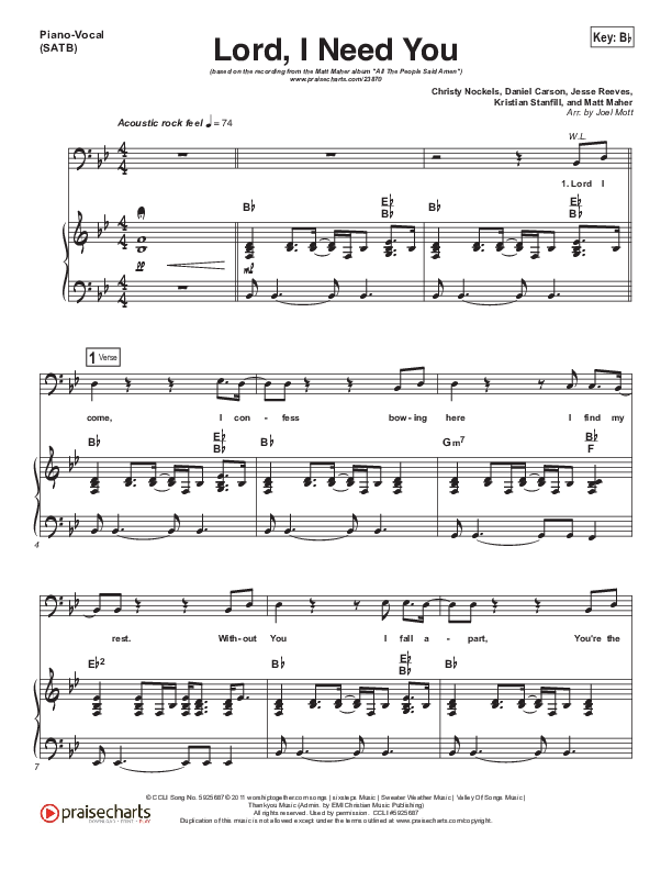 Lord I Need You Piano/Vocal (SATB) (Matt Maher)