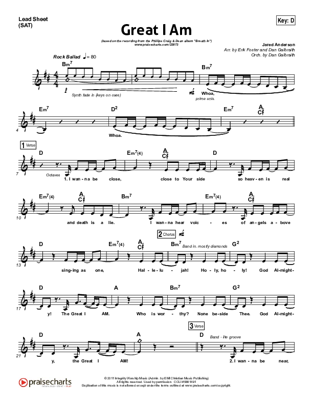 Great I Am Lead Sheet (SAT) (Phillips Craig & Dean)