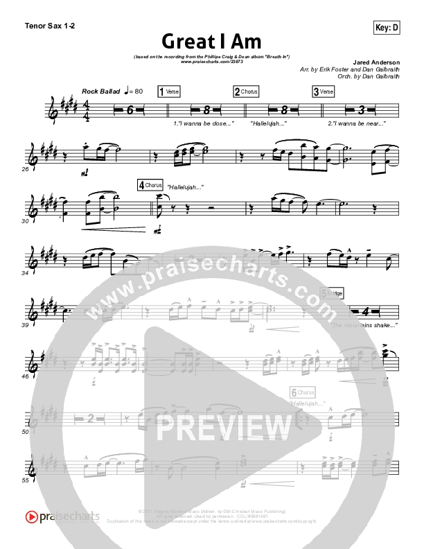 Great I Am Tenor Sax 1/2 (Phillips Craig & Dean)