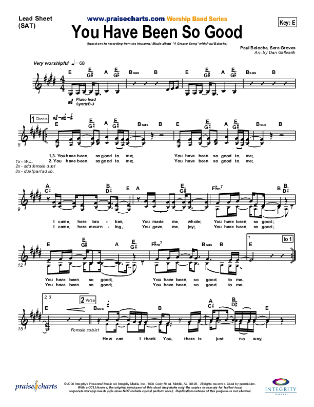 You Have Been So Good To Me Lead Sheet (SAT) (Paul Baloche)