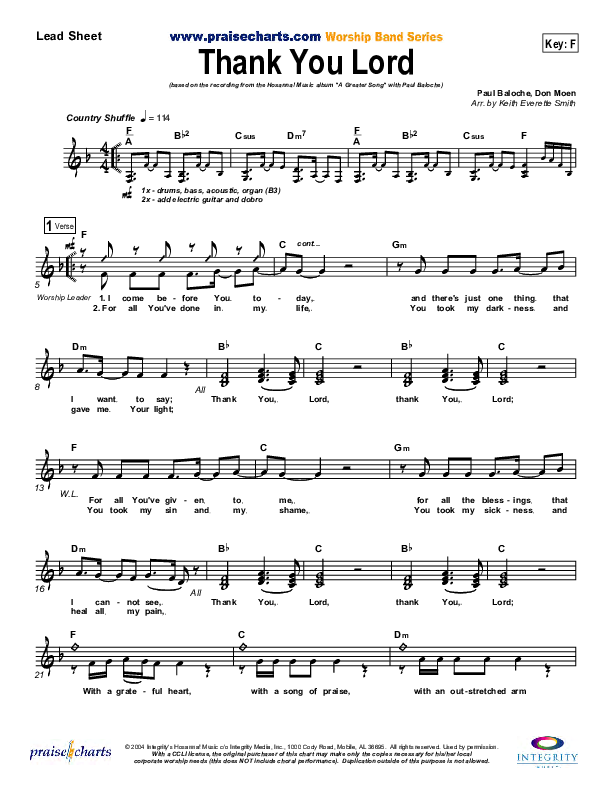 Thank You Lord Lead Sheet (Paul Baloche)