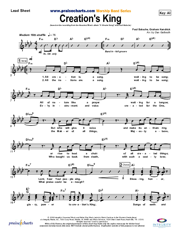 Creation's King Lead Sheet (Paul Baloche)