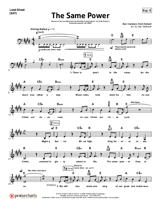 The Same Power Lead Sheet (SAT) (Ben Cantelon / Worship Central)