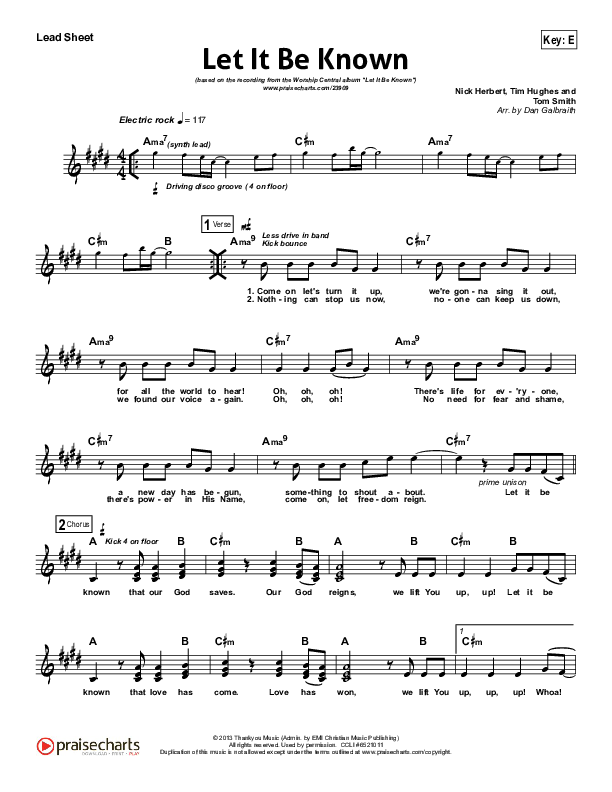 Let It Be Known Lead Sheet (Tim Hughes / Worship Central)