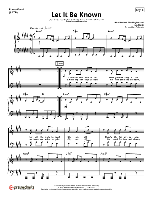 Let It Be Known Piano/Vocal (SATB) (Tim Hughes / Worship Central)
