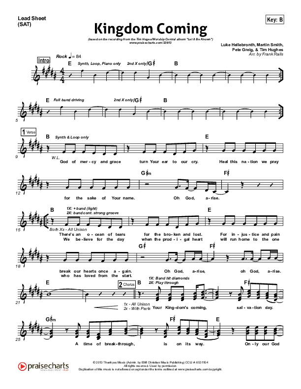 Kingdom Coming Lead Sheet (SAT) (Tim Hughes / Worship Central)