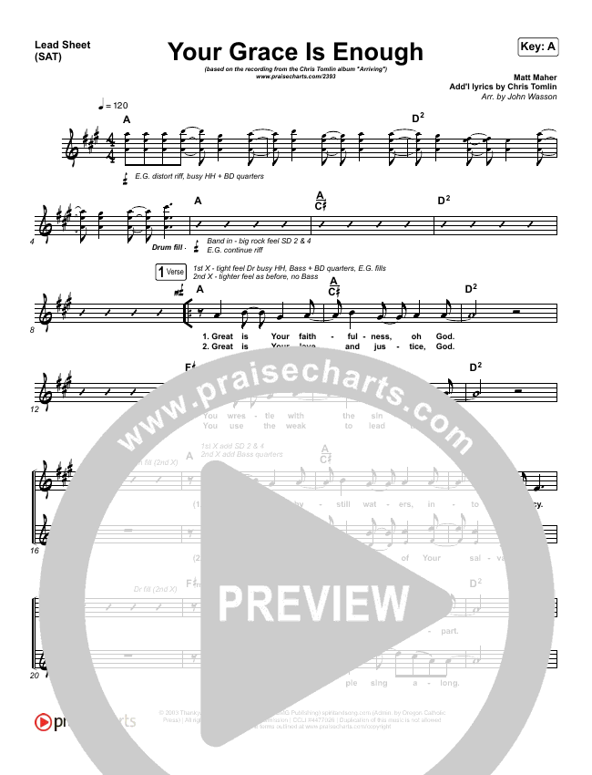 Your Grace Is Enough Sheet Music PDF (Chris Tomlin) PraiseCharts