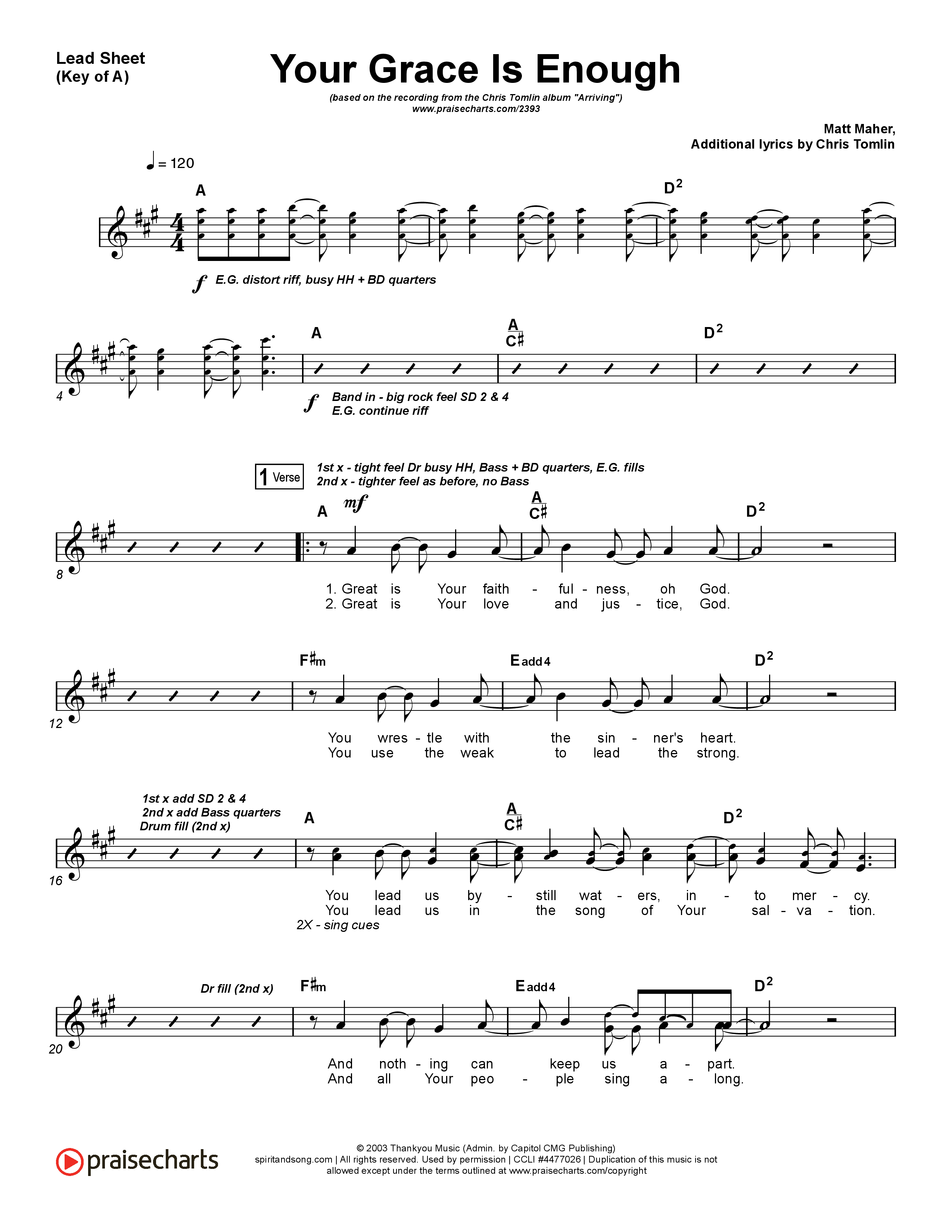 Your Grace Is Enough Lead Sheet (Melody) (Chris Tomlin)