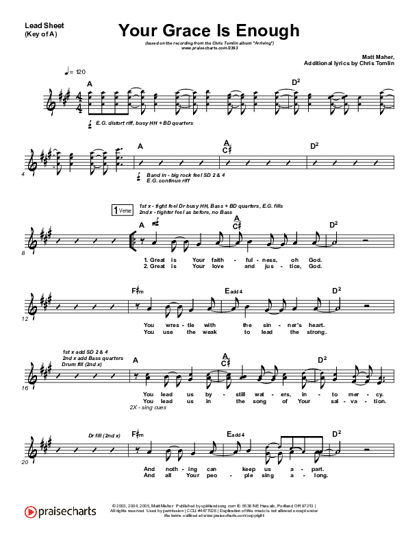 Your Grace Is Enough Lead Sheet (Melody) (Chris Tomlin)