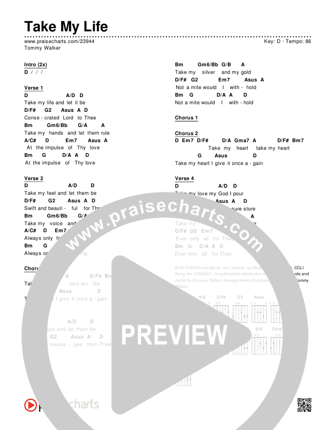 Take My Life Chords & Lyrics (Tommy Walker)
