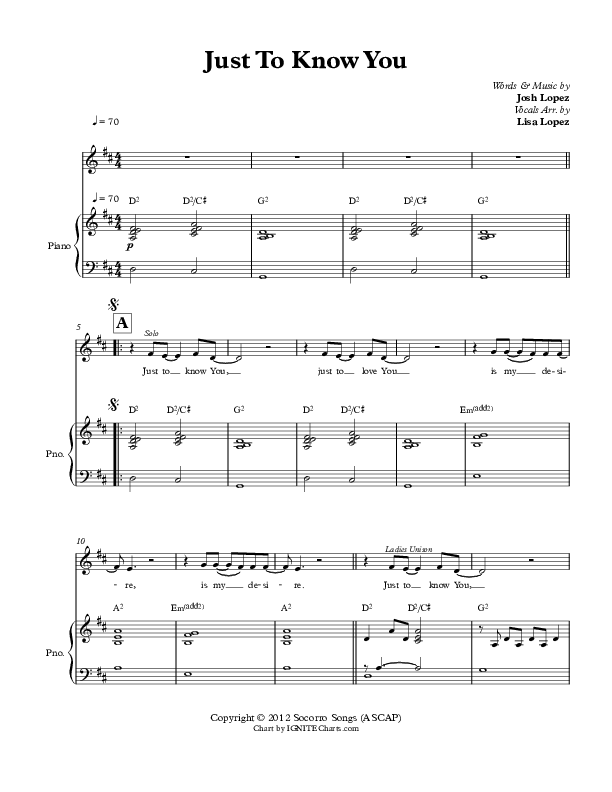 Just To Know You Piano/Vocal (Josh Lopez / Jenna Long)