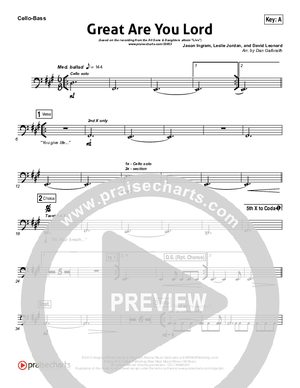 Great Are You Lord Cello/Bass (All Sons & Daughters)