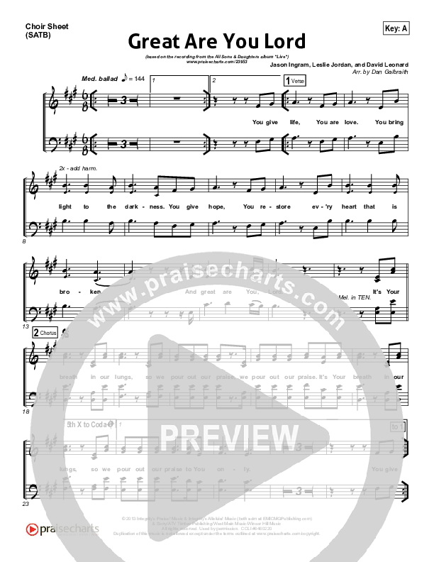 Great Are You Lord Choir Sheet (SATB) (All Sons & Daughters)