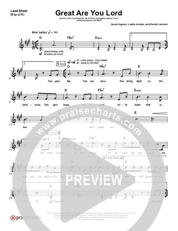 Great Are You Lord Lead Sheet (Melody) (All Sons & Daughters)
