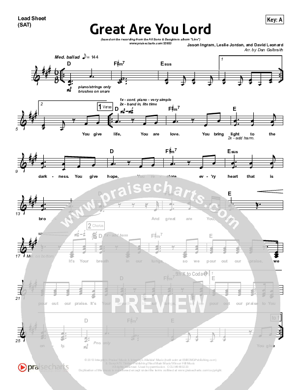 Great Are You Lord Lead Sheet (SAT) (All Sons & Daughters)