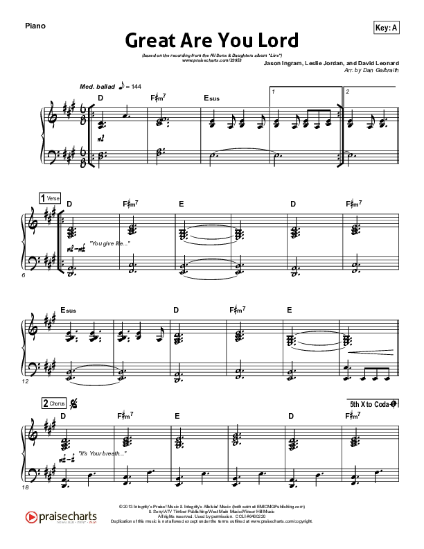 Great Are You Lord Piano Sheet (All Sons & Daughters)
