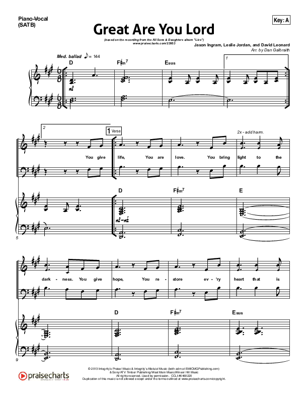 Great Are You Lord Piano/Vocal (SATB) (All Sons & Daughters)