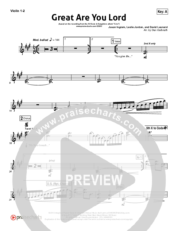 Great Are You Lord Violin 1,2 (All Sons & Daughters)