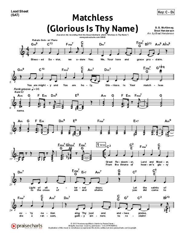 Glorious Is Thy Name Lead Sheet (SAT) (Susan Quintyne)