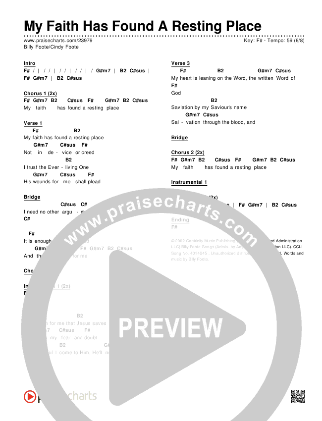 My Faith Has Found A Resting Place Chords & Lyrics (Billy Foote / Cindy Foote)