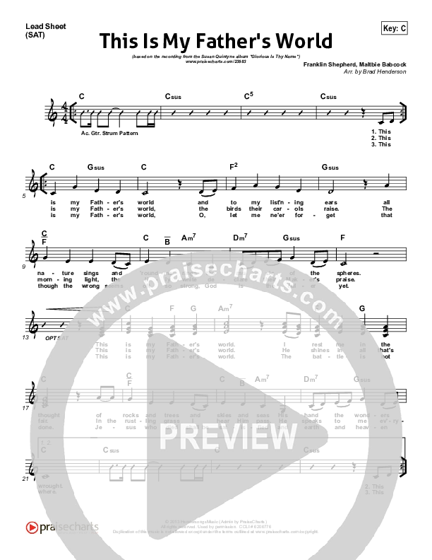 This Is My Father's World Lead Sheet (SAT) (Susan Quintyne)