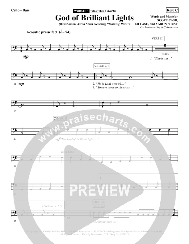 God Of Brilliant Lights Cello/Bass (Aaron Shust)