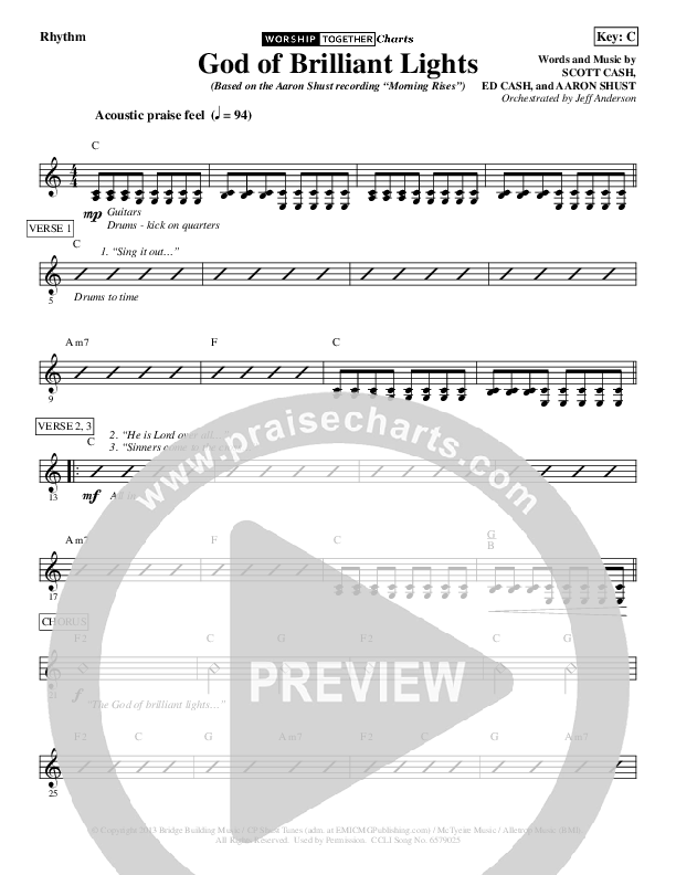 God Of Brilliant Lights Rhythm Chart (Aaron Shust)