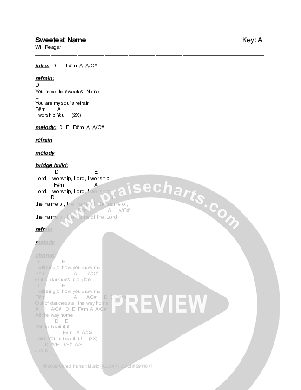 Sweetest Name Chord Chart (Will Reagan / United Pursuit)