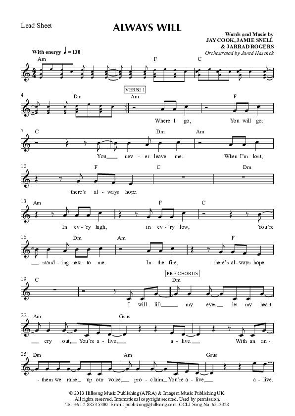 Always Will Lead Sheet (Hillsong Worship)