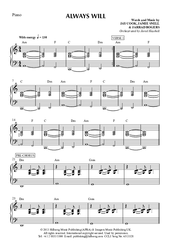 Always Will Piano Sheet (Hillsong Worship)