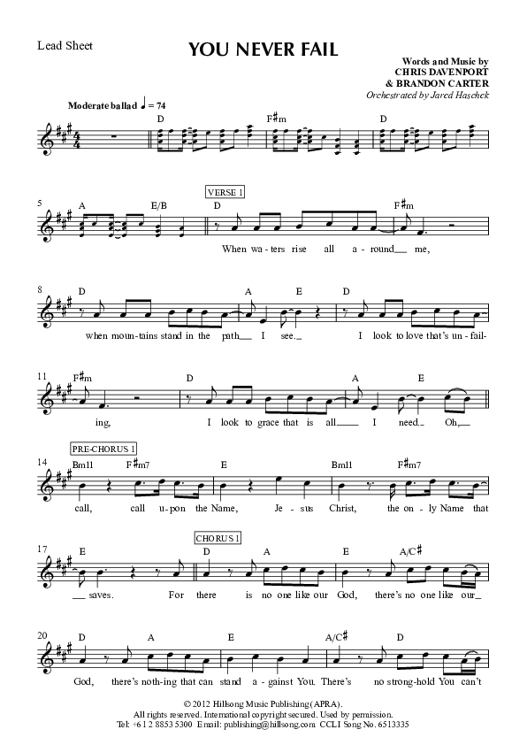 You Never Fail Lead Sheet (Hillsong Worship)