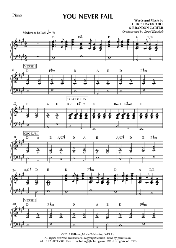 You Never Fail Piano Sheet (Hillsong Worship)