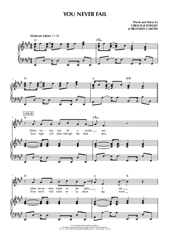 You Never Fail Piano/Vocal (Hillsong Worship)