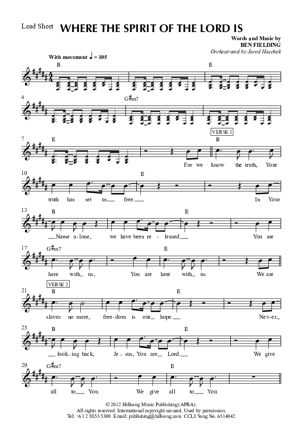 Where The Spirit Of The Lord Is Lead Sheet (Hillsong Worship)