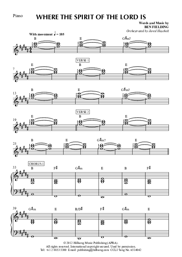 Where The Spirit Of The Lord Is Piano Sheet (Hillsong Worship)
