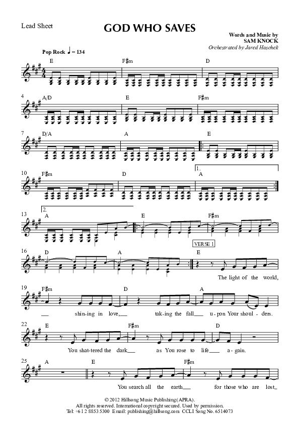 God Who Saves Lead Sheet (Hillsong Worship)