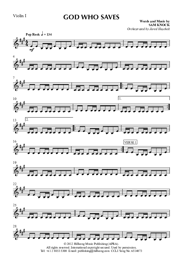 God Who Saves Violin 1 (Hillsong Worship)
