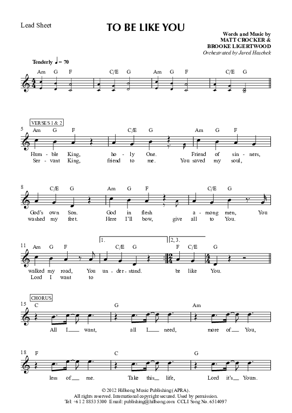 To Be Like You Lead Sheet (Hillsong Worship)