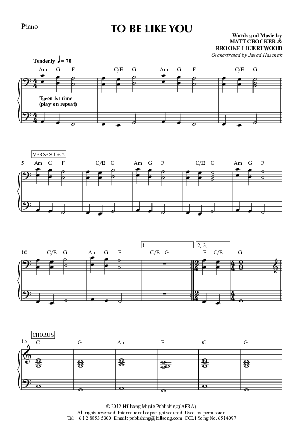To Be Like You Piano Sheet (Hillsong Worship)