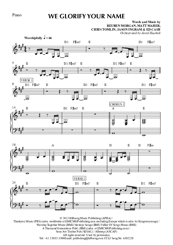 We Glorify Your Name Piano Sheet (Hillsong Worship)