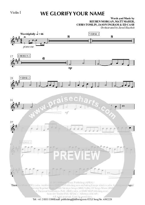 We Glorify Your Name Violin 1 (Hillsong Worship)