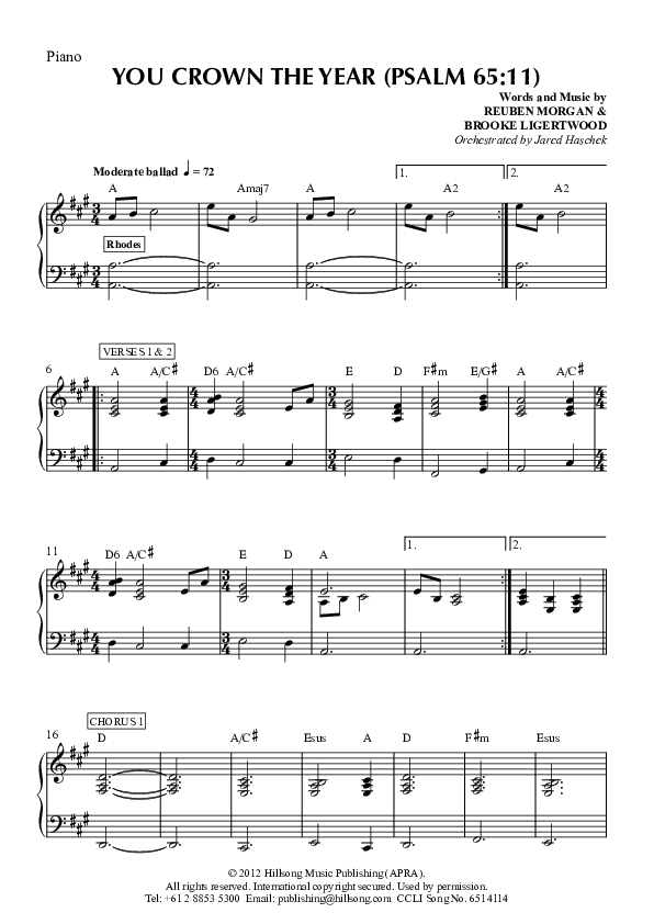 You Crown The Year Piano Sheet (Hillsong Worship)