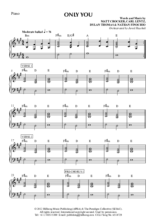 Only You Piano Sheet (Hillsong Worship)