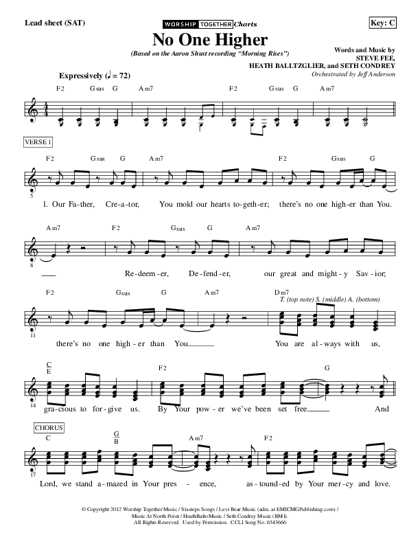 No One Higher Lead Sheet (SAT) (Aaron Shust)