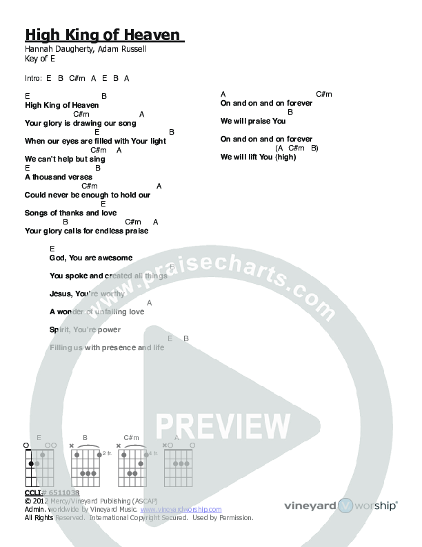 High King Of Heaven Chords & Lyrics (Vineyard Worship)