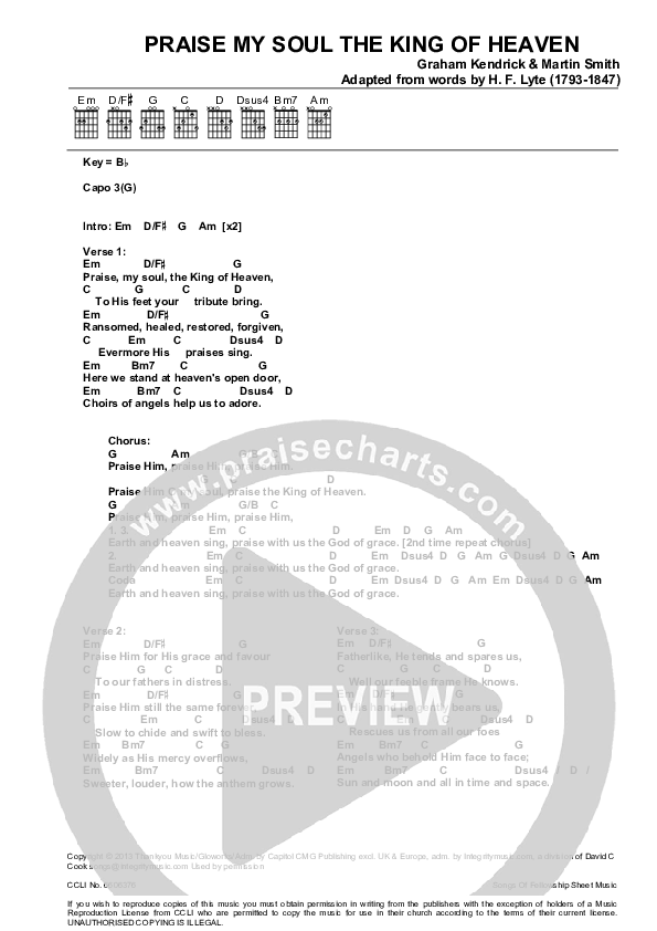 Praise My Soul The King Of Heaven Chords & Lyrics (Graham Kendrick / Martin Smith)